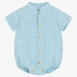 Wedoble-Baby Boys Blue Linen Bodysuit | Childrensalon Outlet