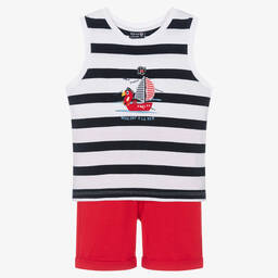 Week-end à la mer-Boys Blue & Red Cotton Shorts Set | Childrensalon Outlet