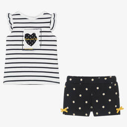Week-end à la mer-طقم شورت أطفال بناتي قطن مقلم لون أبيض وكحلي | Childrensalon Outlet