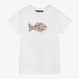 Week-end à la mer-Girls White Cotton Floral Fish T-Shirt | Childrensalon Outlet