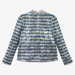 Zadig&Voltaire-بلوز مزينة بترتر لون أزرق وفضّي تينز بناتي | Childrensalon Outlet