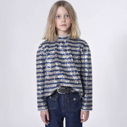 Zadig&Voltaire-بلوز مزينة بترتر لون أزرق وفضّي تينز بناتي | Childrensalon Outlet