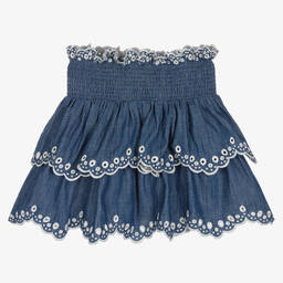 Zimmermann-Girls Blue Embroidered Denim Skirt | Childrensalon Outlet