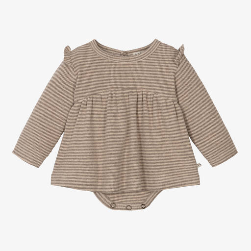 1 + in the family-Baby Girls Beige Striped Cotton Dress | Childrensalon Outlet