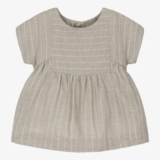 1 + in the family-Girls Taupe Beige Cotton Stripe Dress | Childrensalon Outlet