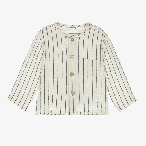 1 + in the family-Ivory & Blue Striped Collarless Shirt | Childrensalon Outlet