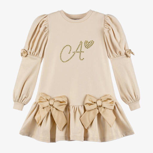 A Dee-فستان بفيونكة قطن لون بيج | Childrensalon Outlet