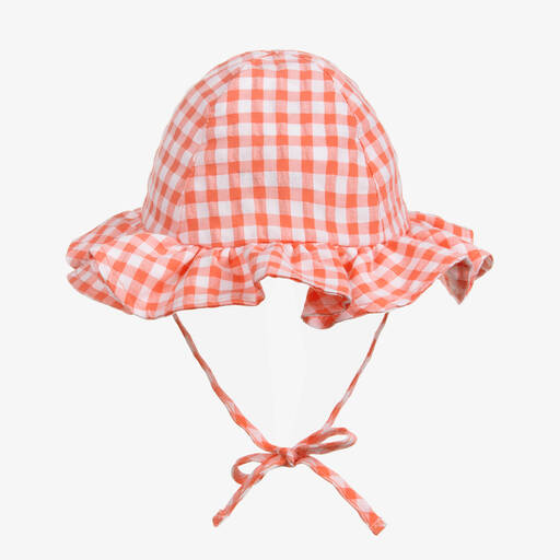 A Dee-Girls Coral Pink Gingham Cotton Hat | Childrensalon Outlet