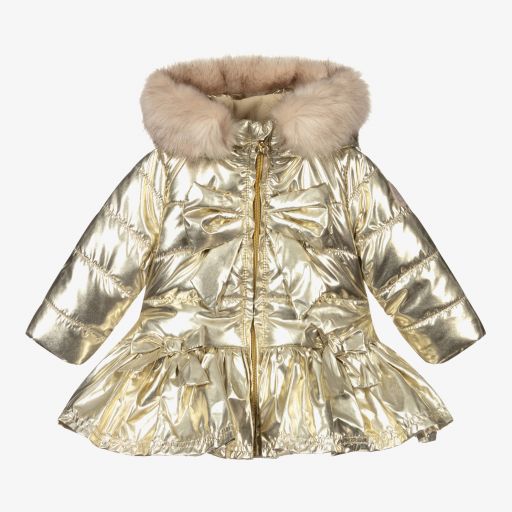 A Dee-Girls Gold Hooded Bow Coat | Childrensalon Outlet