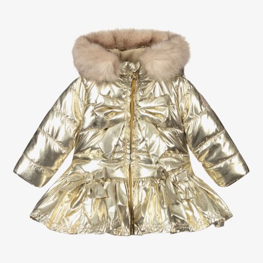 A Dee-Золотистое пальто с бантом и капюшоном для девочек | Childrensalon Outlet