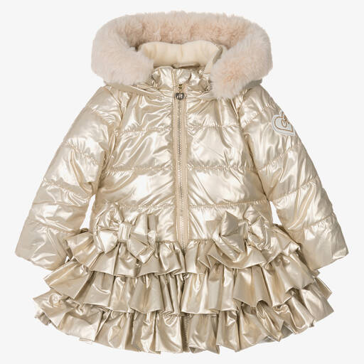 A Dee-Girls Gold Ruffle Hooded Puffer Coat | Childrensalon Outlet