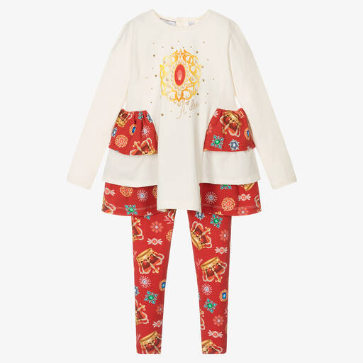 A Dee-Girls Ivory & Red Cotton Leggings Set | Childrensalon Outlet