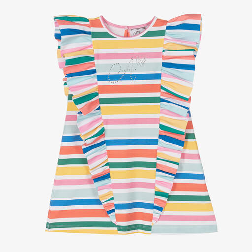 A Dee-Girls Rainbow Stripe Ruffle Cotton Dress | Childrensalon Outlet