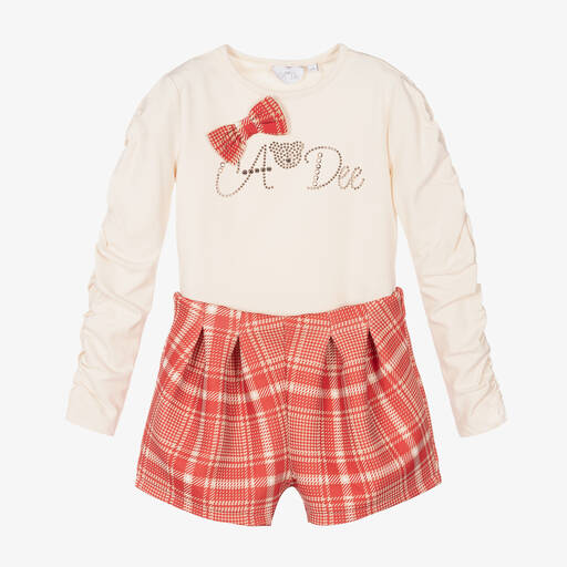 A Dee-Girls Red Tartan Shorts Set | Childrensalon Outlet
