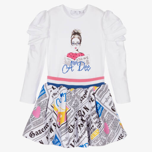 A Dee-Girls White Cotton Newspaper Print Skirt Set | Childrensalon Outlet
