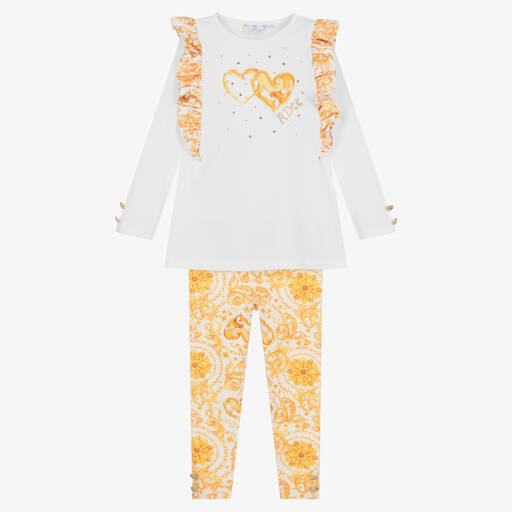 A Dee-Girls White & Gold Cotton Leggings Set | Childrensalon Outlet