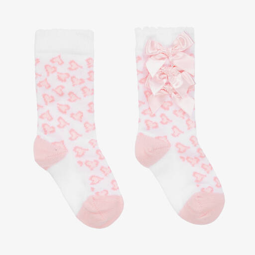 A Dee-Girls White & Pink Heart Bow Socks | Childrensalon Outlet