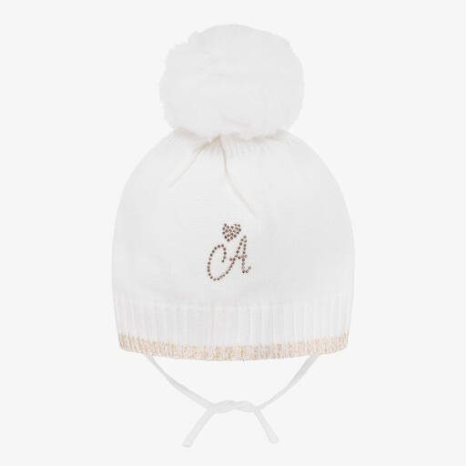 A Dee-قبعة بوم-بوم مزيج أكريليك محبوك لون أبيض | Childrensalon Outlet