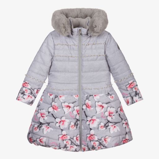 A Dee-Grey & Pink Floral Puffer Coat | Childrensalon Outlet