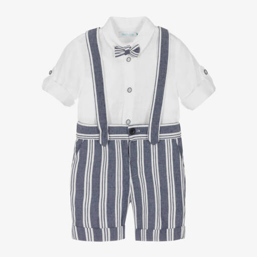 Abel & Lula-Boys Blue Linen & Cotton Striped Shorts Set | Childrensalon Outlet