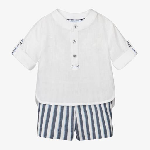 Abel & Lula-Boys Blue & White Striped Linen Shorts Set  | Childrensalon Outlet
