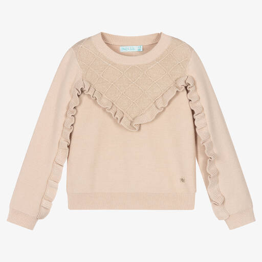 Abel & Lula-Girls Beige Viscose Ruffle Detail Sweater | Childrensalon Outlet