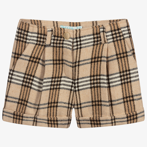 Abel & Lula-Girls Beige Wool Check Shorts  | Childrensalon Outlet
