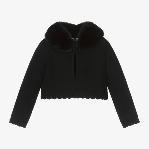 Abel & Lula-Girls Black Faux Fur Collar Cardigan | Childrensalon Outlet