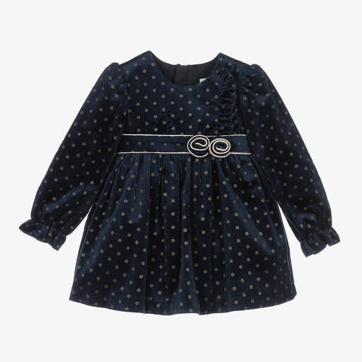 Abel & Lula-Girls Blue Polka Dot Velvet Dress | Childrensalon Outlet