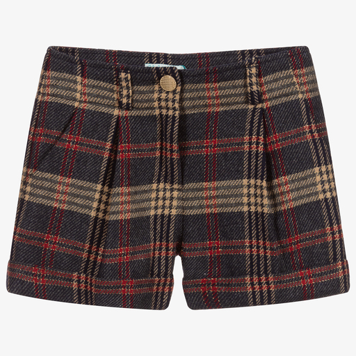 Abel & Lula-Girls Blue Wool Check Shorts   | Childrensalon Outlet