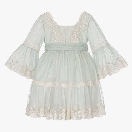 Abel & Lula-Girls Green & Ivory Embroidered Tulle Dress | Childrensalon Outlet