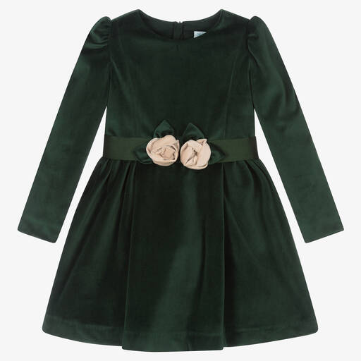 Abel & Lula-Girls Green Velvet Rose Dress | Childrensalon Outlet