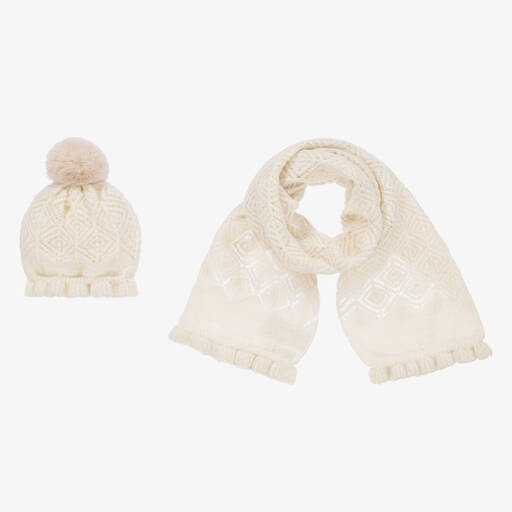 Abel & Lula-Girls Ivory Knitted Hat & Scarf Set | Childrensalon Outlet