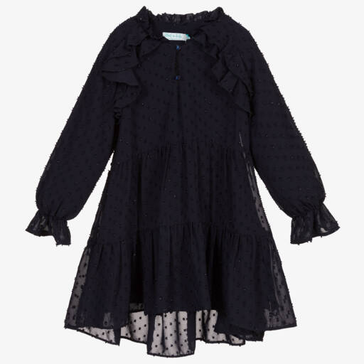 Abel & Lula-Girls Navy Blue Dip Hem Chiffon Dress | Childrensalon Outlet