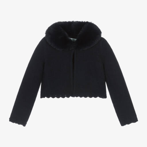Abel & Lula-Girls Navy Fur Trim Cardigan | Childrensalon Outlet
