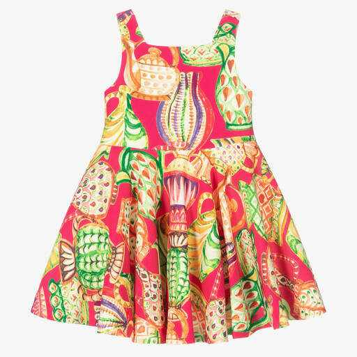 Abel & Lula-Girls Pink & Green Pottery Print Dress | Childrensalon Outlet