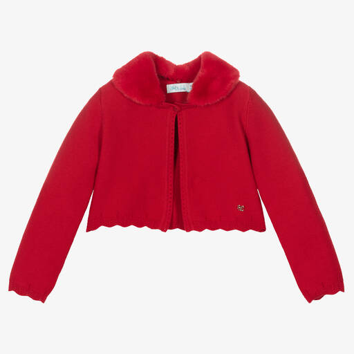 Abel & Lula-Girls Red Cotton Faux Fur Collar Cardigan | Childrensalon Outlet