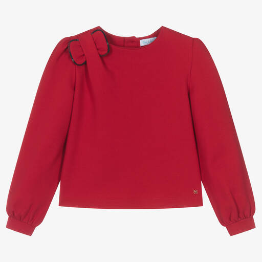 Abel & Lula-Girls Red Viscose Bow Shoulder Top | Childrensalon Outlet