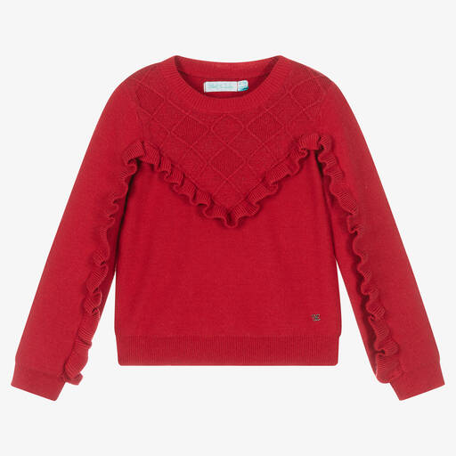 Abel & Lula-Girls Red Viscose Ruffle Detail Sweater | Childrensalon Outlet