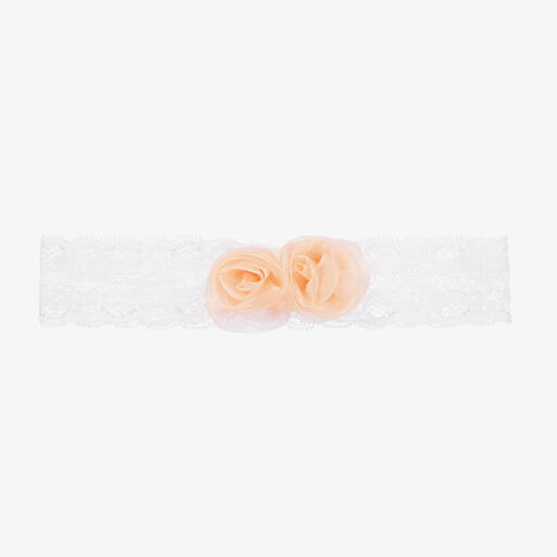 Abel & Lula-Girls White & Pink Rose Lace Headband | Childrensalon Outlet