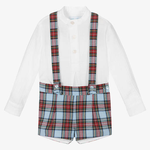 Abuela Tata-Boys Blue Tartan Shorts Set | Childrensalon Outlet