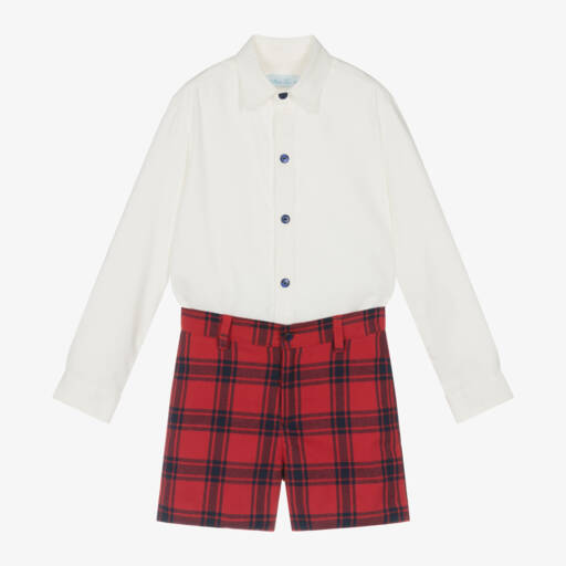 Abuela Tata-Boys Ivory and Red Plaid Set | Childrensalon Outlet