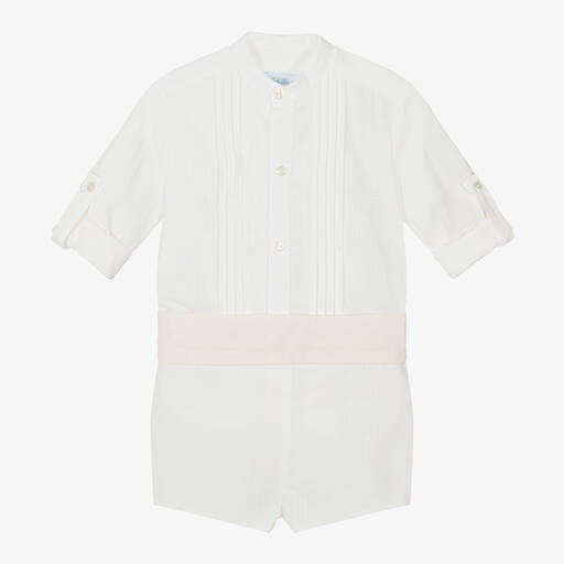 Abuela Tata-Boys Ivory & Pink Cotton Shorts Set | Childrensalon Outlet