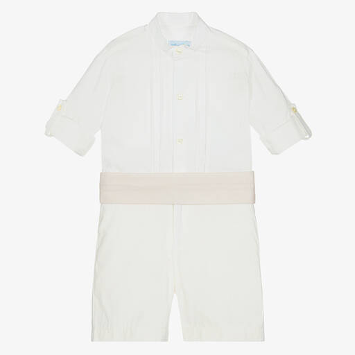 Abuela Tata-Boys White & Ivory Cotton Shorts Set  | Childrensalon Outlet