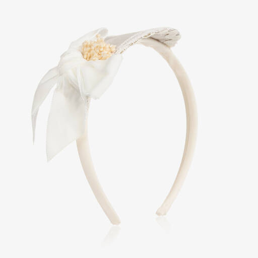 Abuela Tata-Girls Beige Lace & Bow Hairband | Childrensalon Outlet