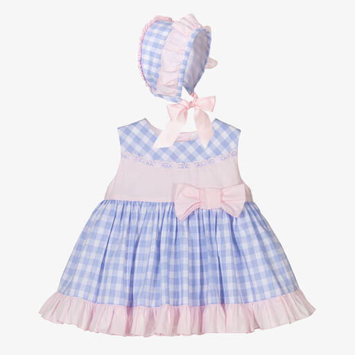 Abuela Tata-Girls Blue Gingham Cotton Dress Set  | Childrensalon Outlet