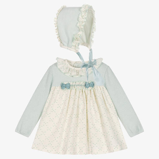 Abuela Tata-Girls Blue Knit & Ivory Plumeti Dress Set | Childrensalon Outlet