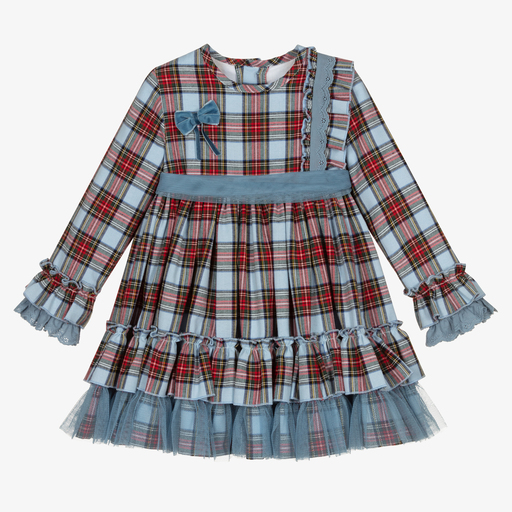 Abuela Tata-فستان مزيج قطن وفيسكوز تارتان لون أزرق وأحمر | Childrensalon Outlet