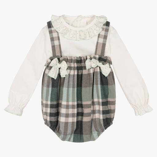 Abuela Tata-طقم بودي سوت كاروهات أطفال بناتي قطن لون رمادي وأخضر | Childrensalon Outlet