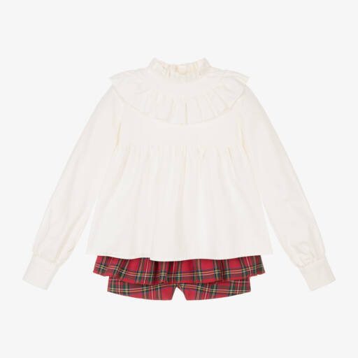 Abuela Tata-Girls Ivory and Red Check Shorts Ensemble | Childrensalon Outlet